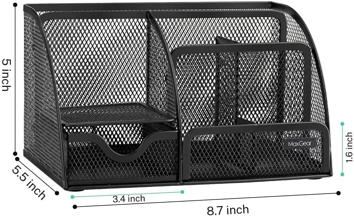 MaxGear Mesh Desk Organizer Office Desktop Organizer with Drawer, Metal Stationary Organizer Black Desk Caddy, 6 Compartments, 8.7 x 5.5 x 5 inch, 1 Pack - Image 7